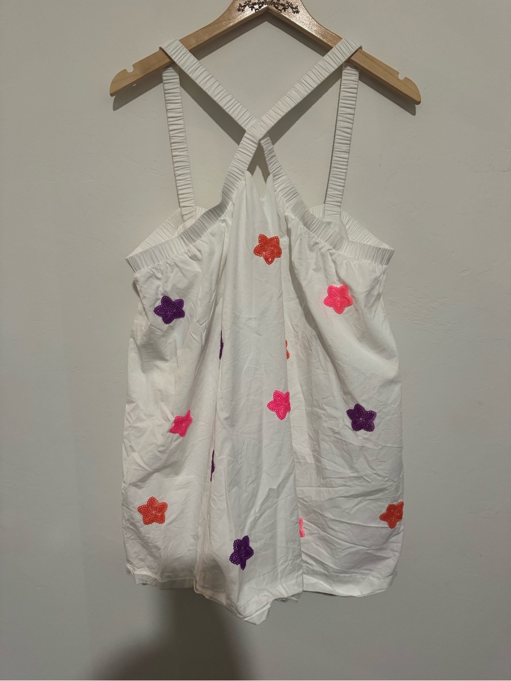 TCEC White Mini Dress with Pink Purple and Orange Star Appliqués